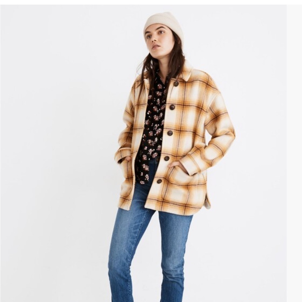 Madewell Women’s Walton Cashmere Blend Shirt-Jacket Fade Plaid Amber Gold Medium